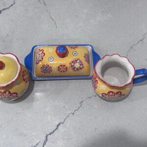 Grace’s Pantry 3 Piece Ceramic Butter Dish, Sugar & Creamer Set Colorful Design